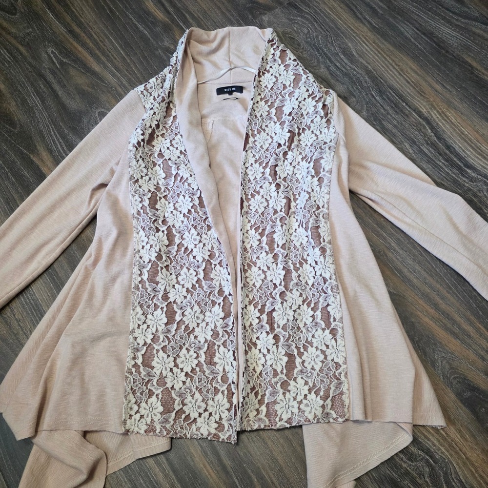 Miss Me Womens Blush Pink Floral Lace Open‎ Front Waffle Knit Cardigan Small